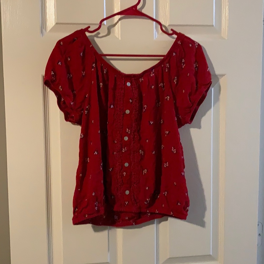 Red floral cinched blouse